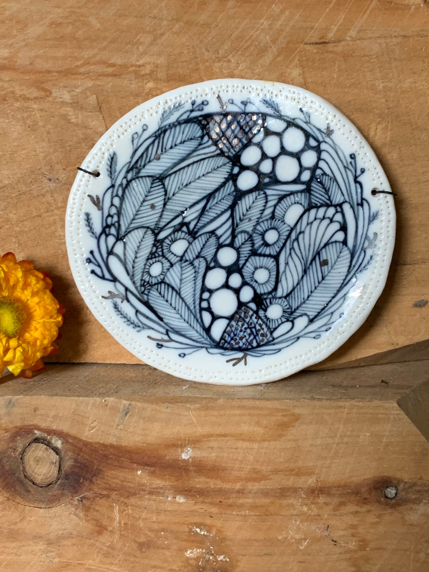 Small Indigo ‘Seafoam’ porcelain wall piece with platinum detail