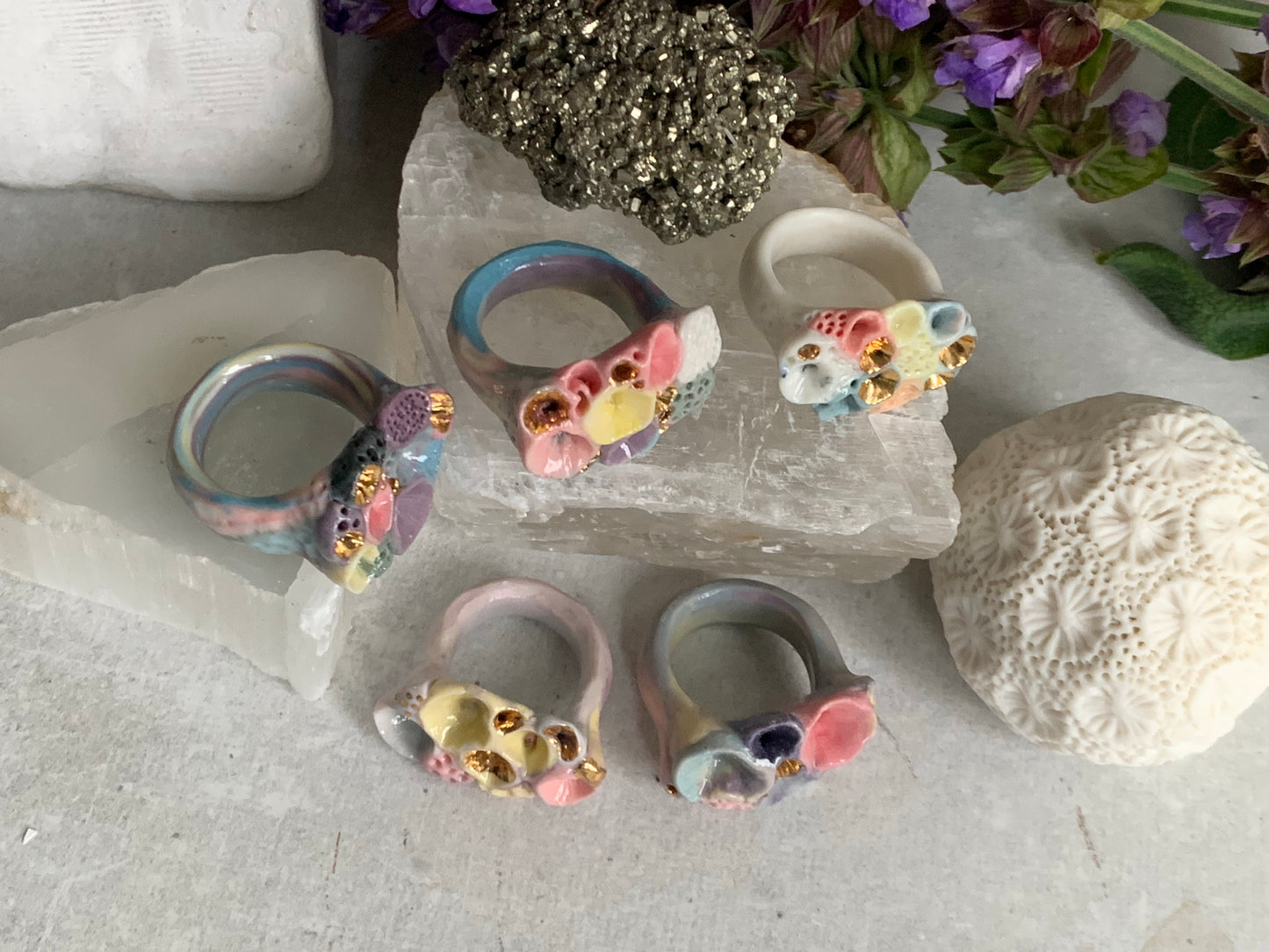 One gold lustre with Blue/ pink / purple tones ‘rock coral’ porcelain ring