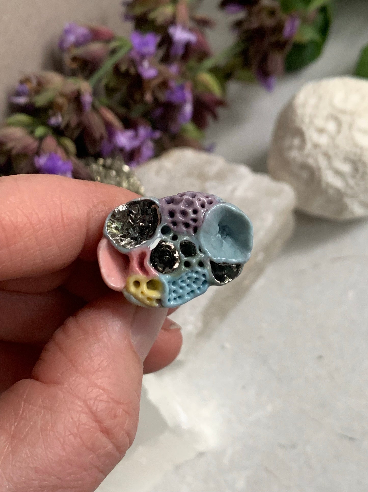 One silver lustre with Blue/ pink / purple tones ‘rock coral’ porcelain ring