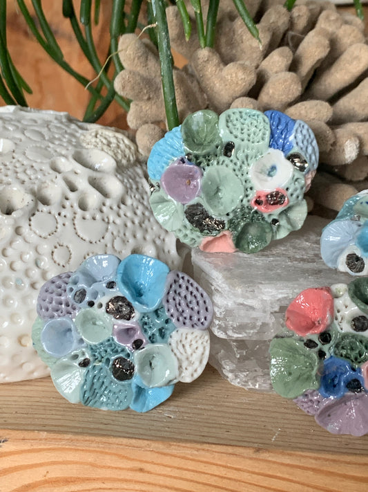 Green and lilac tones ‘Rock coral’ coloured porcelain brooch, choose one