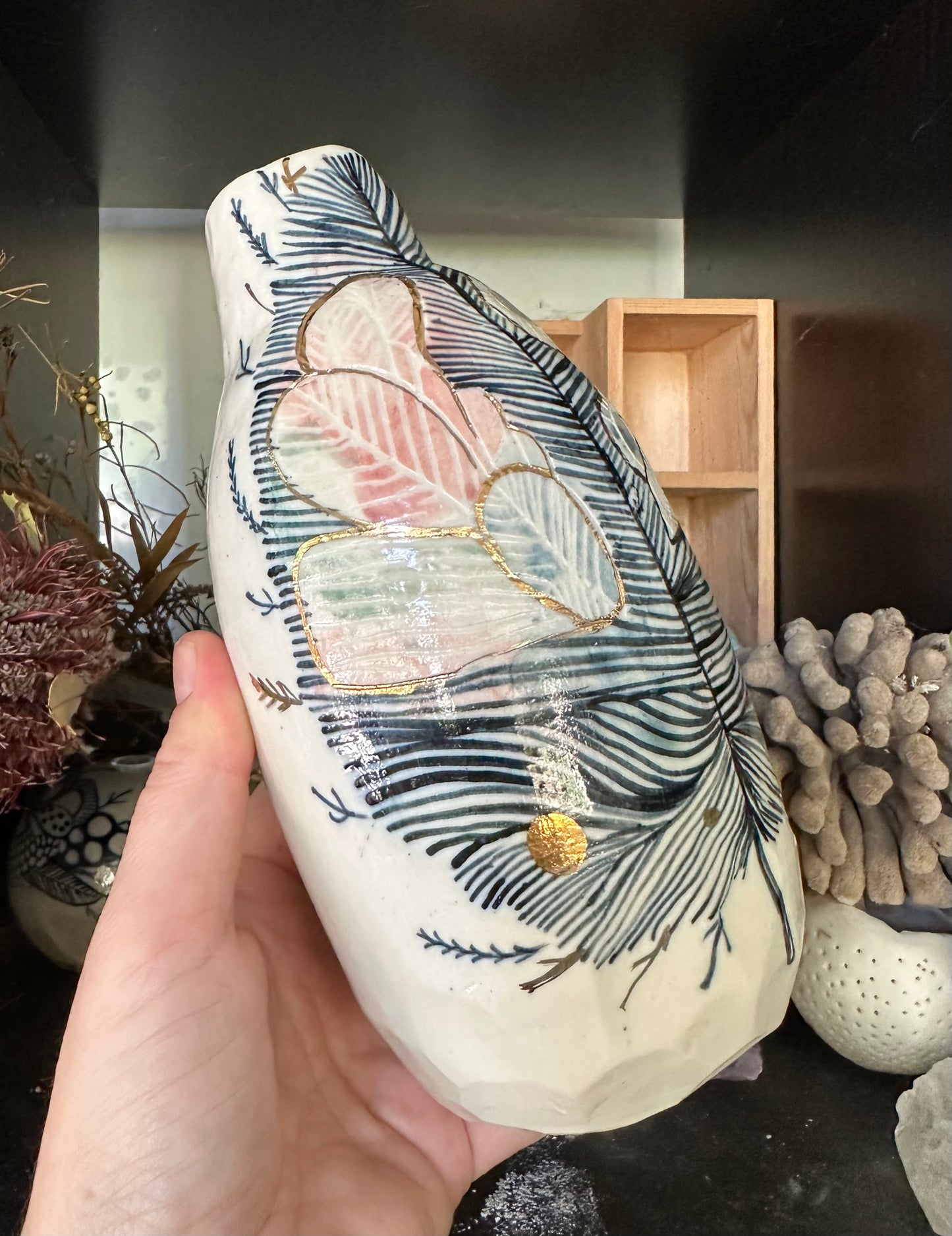 Hand painted porcelain ‘feather’ vase