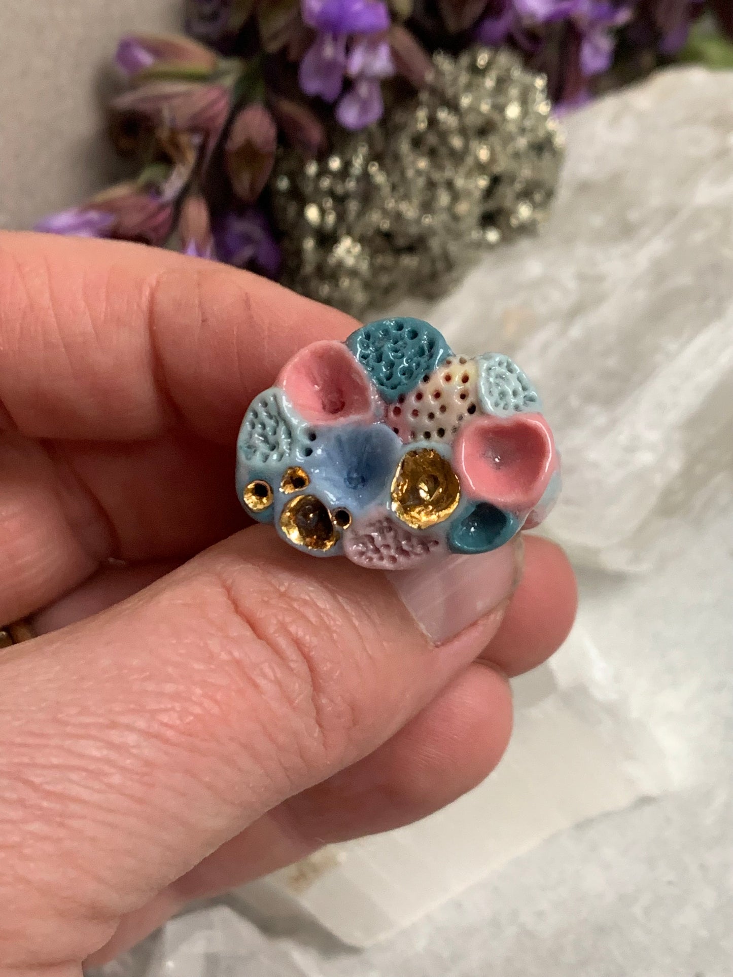 One gold lustre with Blue/ pink / purple tones ‘rock coral’ porcelain ring