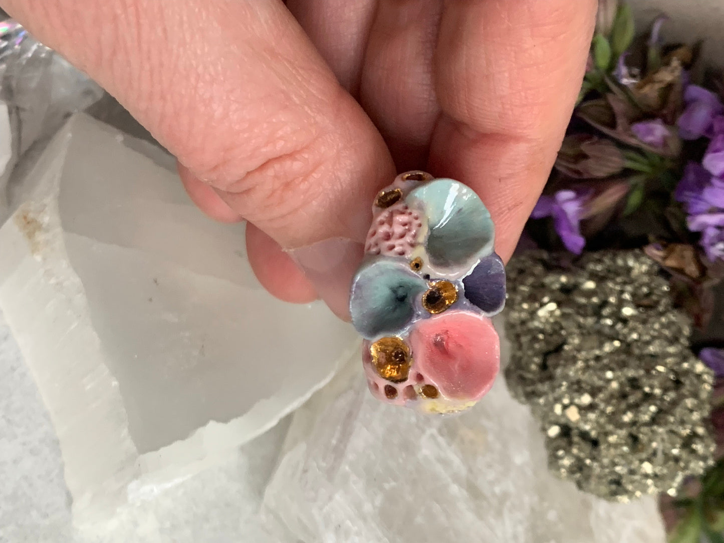 One gold lustre with Blue/ pink / purple tones ‘rock coral’ porcelain ring