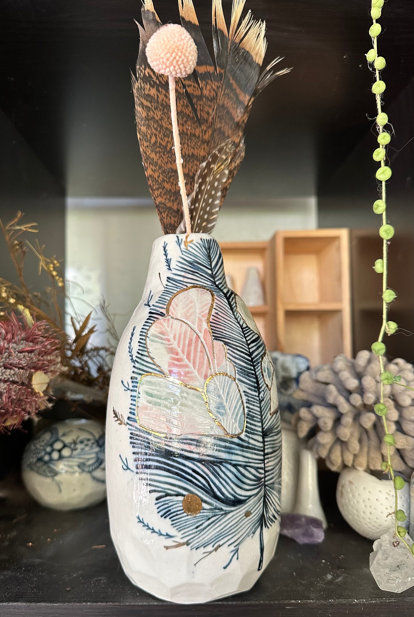 Hand painted porcelain ‘feather’ vase