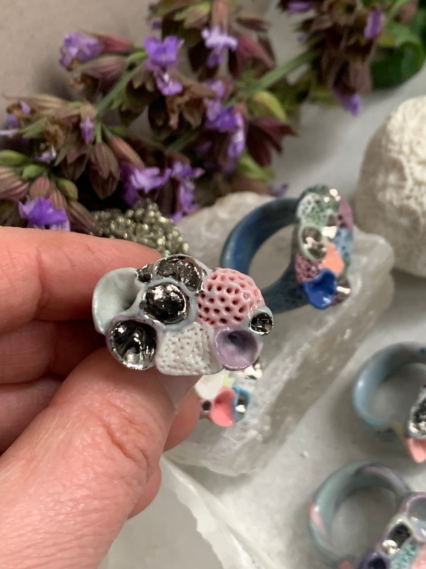 One silver lustre with Blue/ pink / purple tones ‘rock coral’ porcelain ring