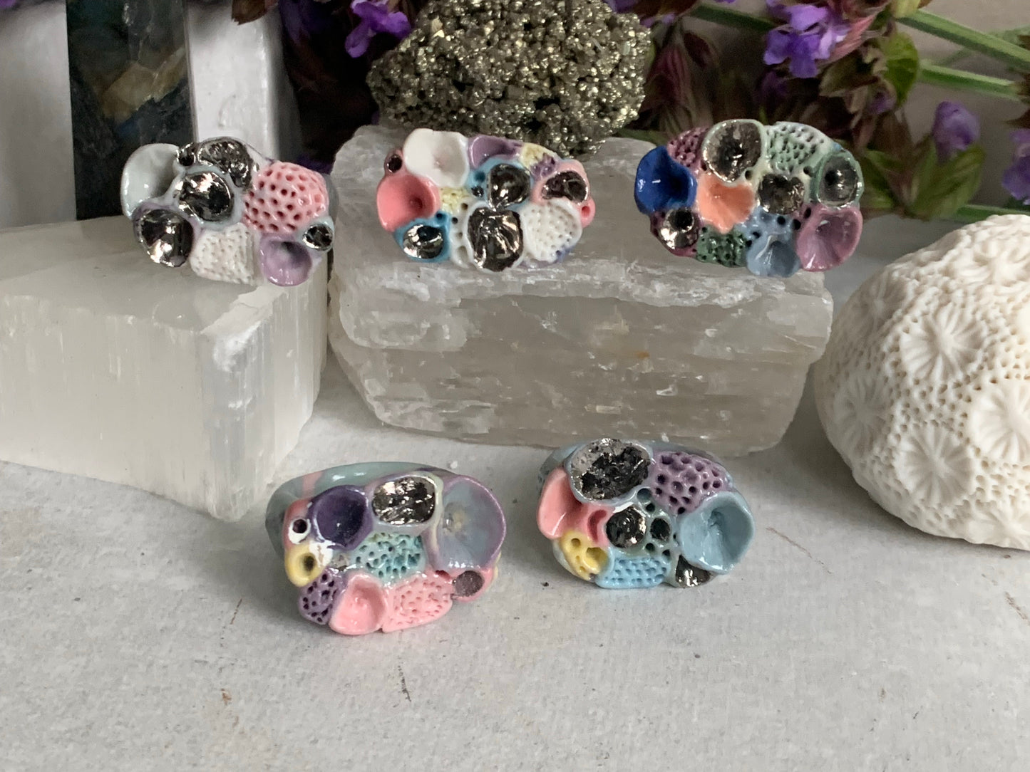 One silver lustre with Blue/ pink / purple tones ‘rock coral’ porcelain ring