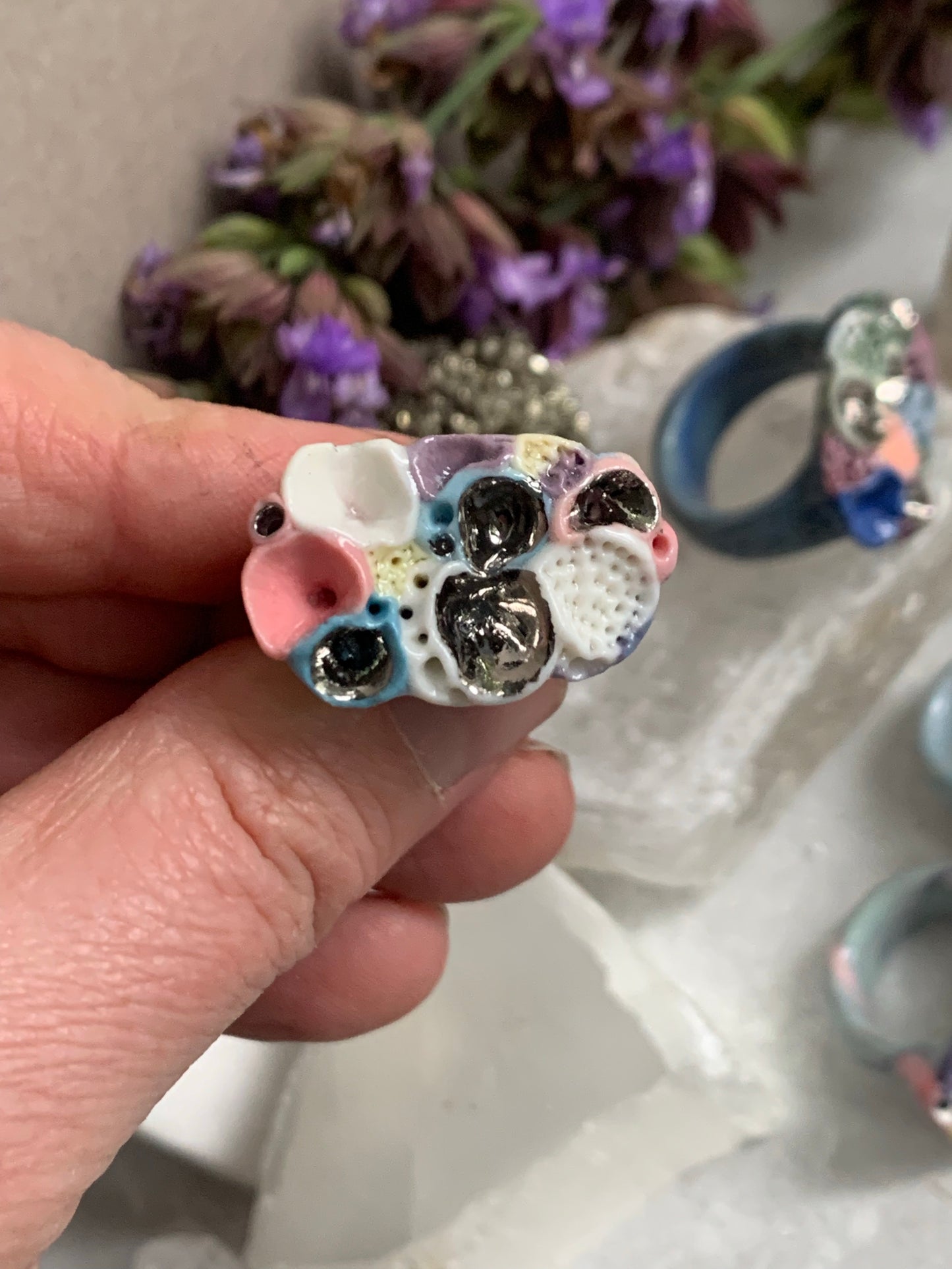 One silver lustre with Blue/ pink / purple tones ‘rock coral’ porcelain ring