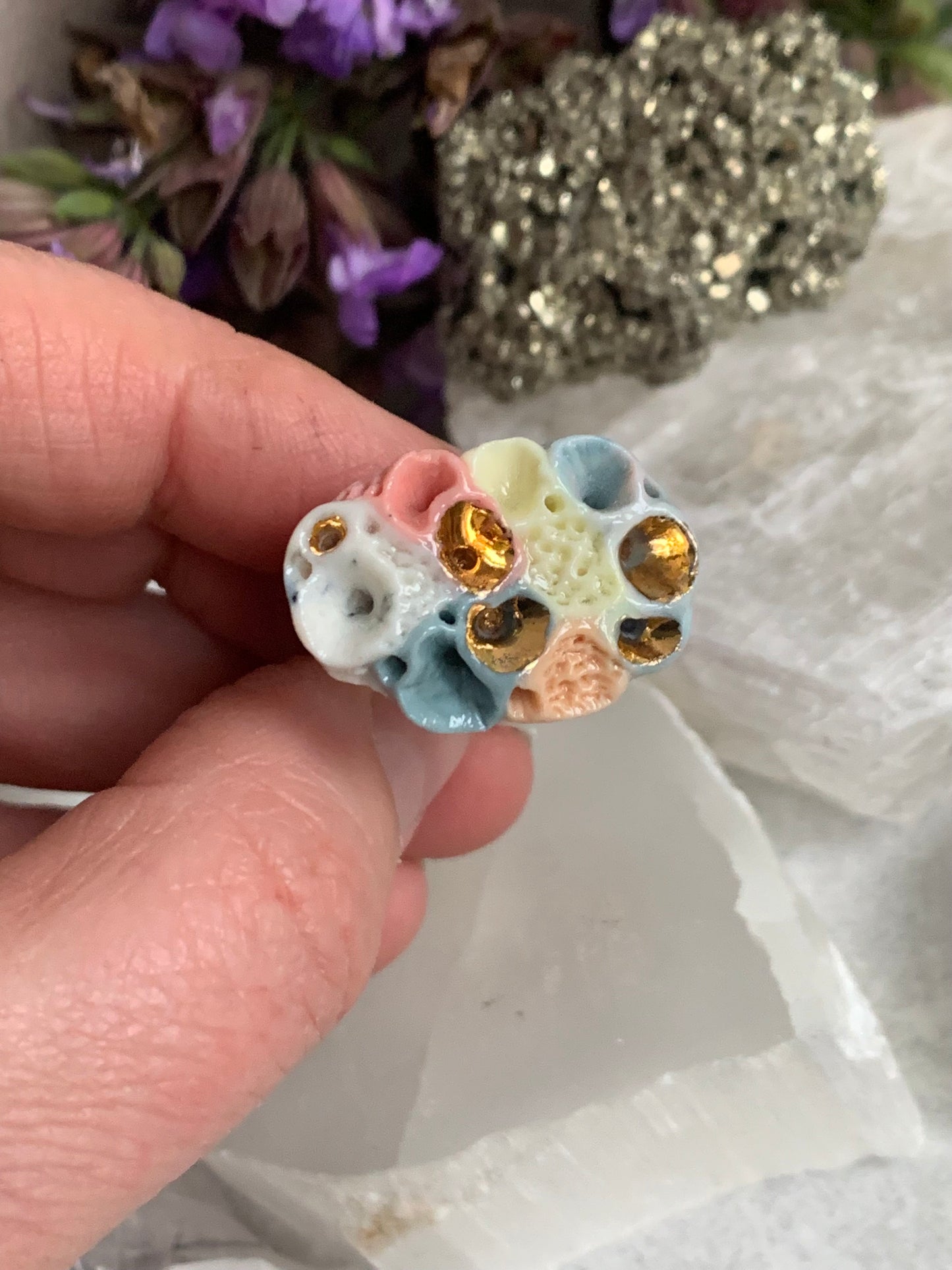 One gold lustre with Blue/ pink / purple tones ‘rock coral’ porcelain ring