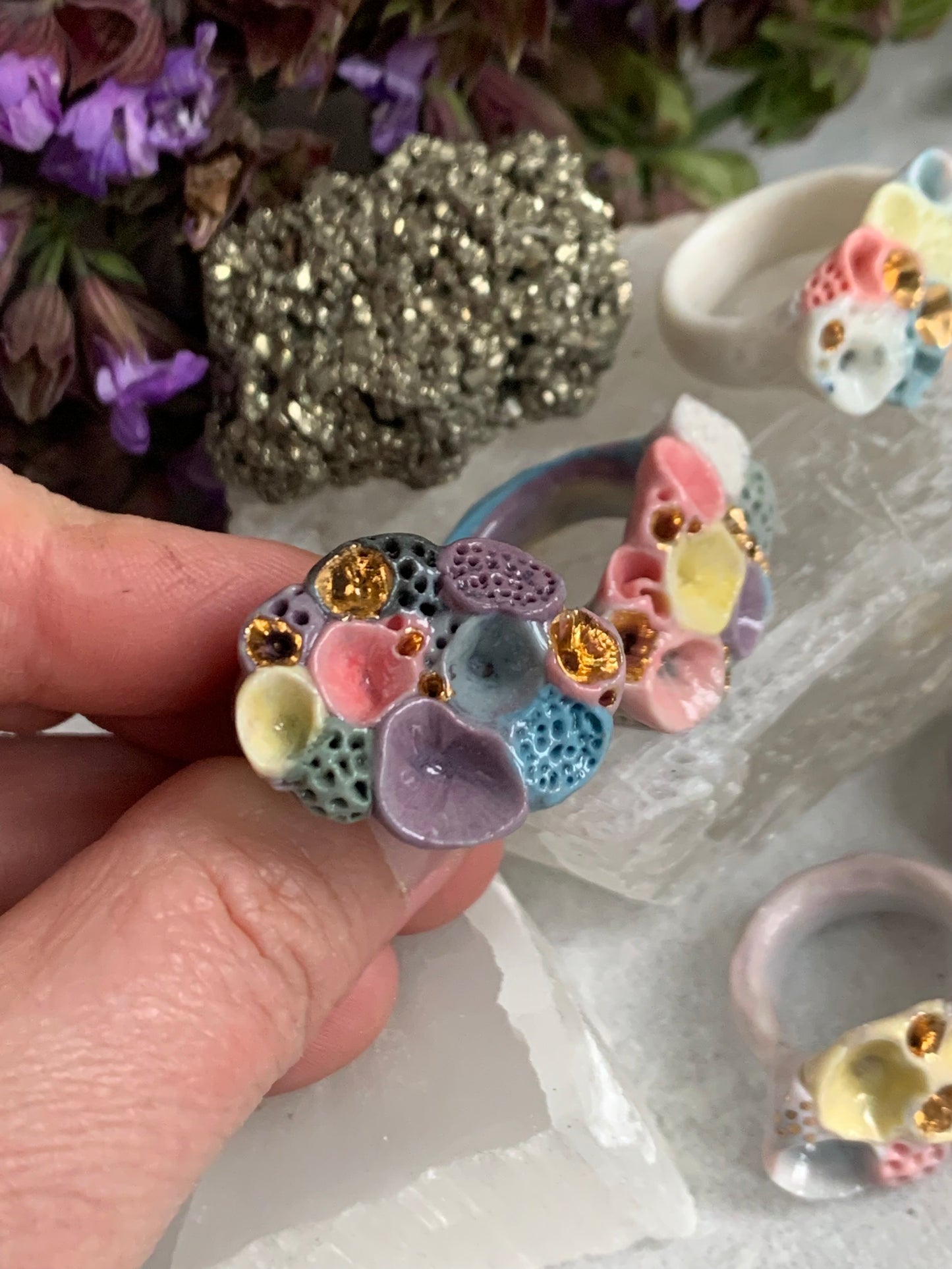 One gold lustre with Blue/ pink / purple tones ‘rock coral’ porcelain ring