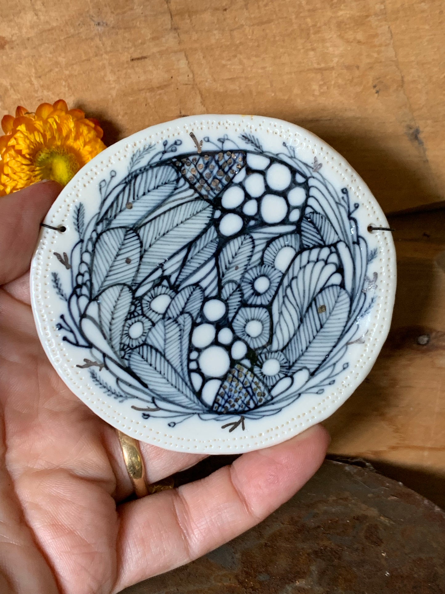 Small Indigo ‘Seafoam’ porcelain wall piece with platinum detail