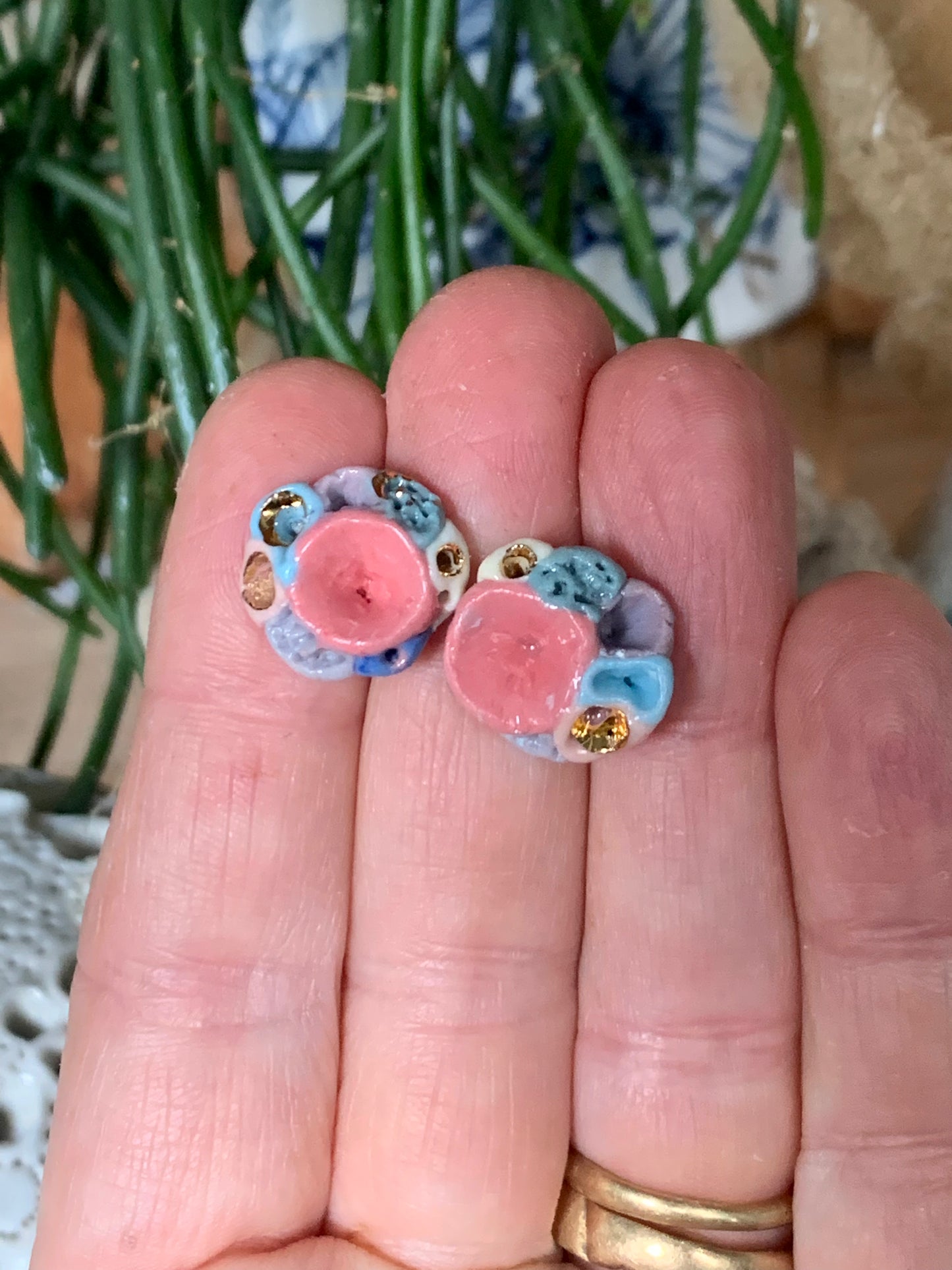 Coral and gold lustre porcelain ‘coral’ studs, choose a pair