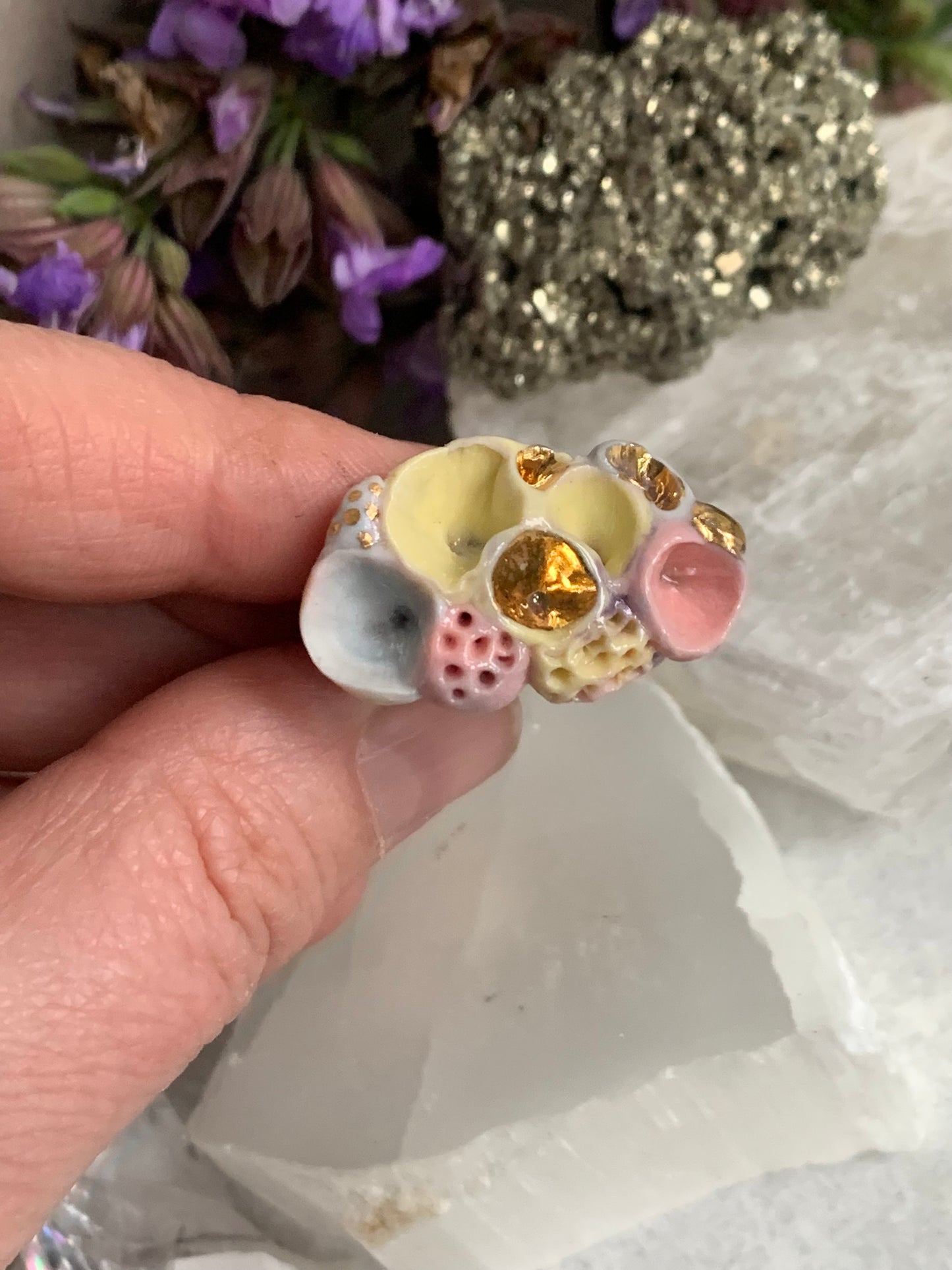 One gold lustre with Blue/ pink / purple tones ‘rock coral’ porcelain ring
