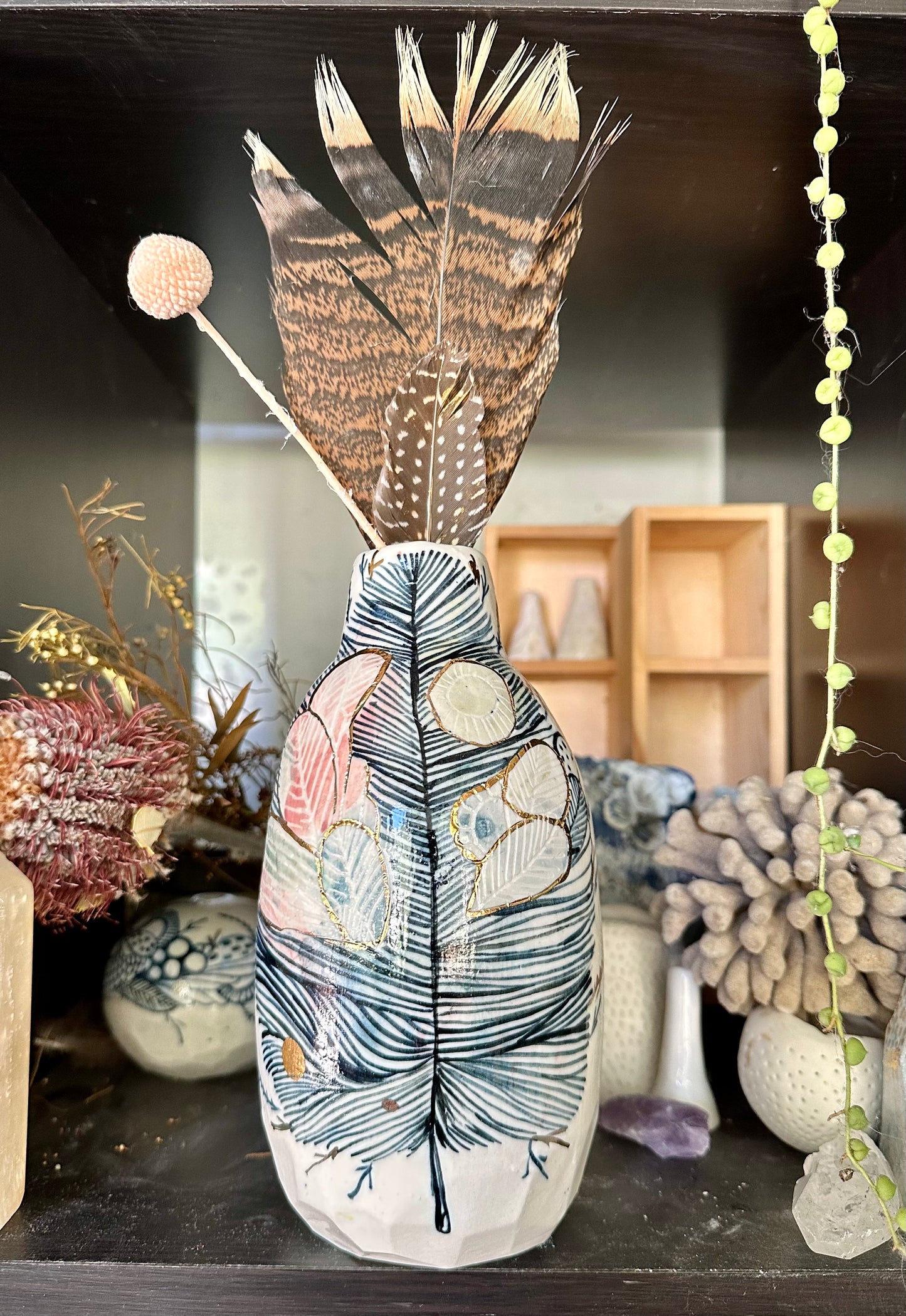Hand painted porcelain ‘feather’ vase