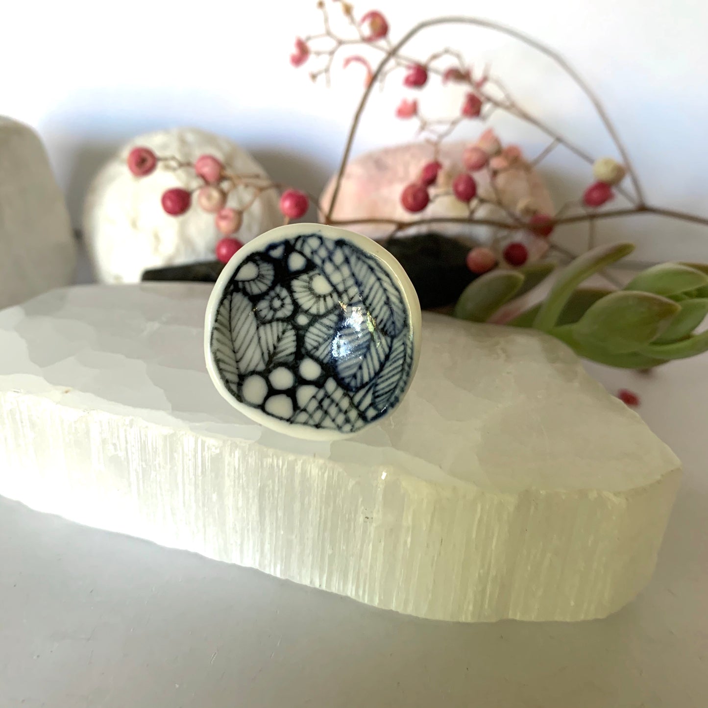 Blue hand painted ‘sea foam ’ porcelain ring