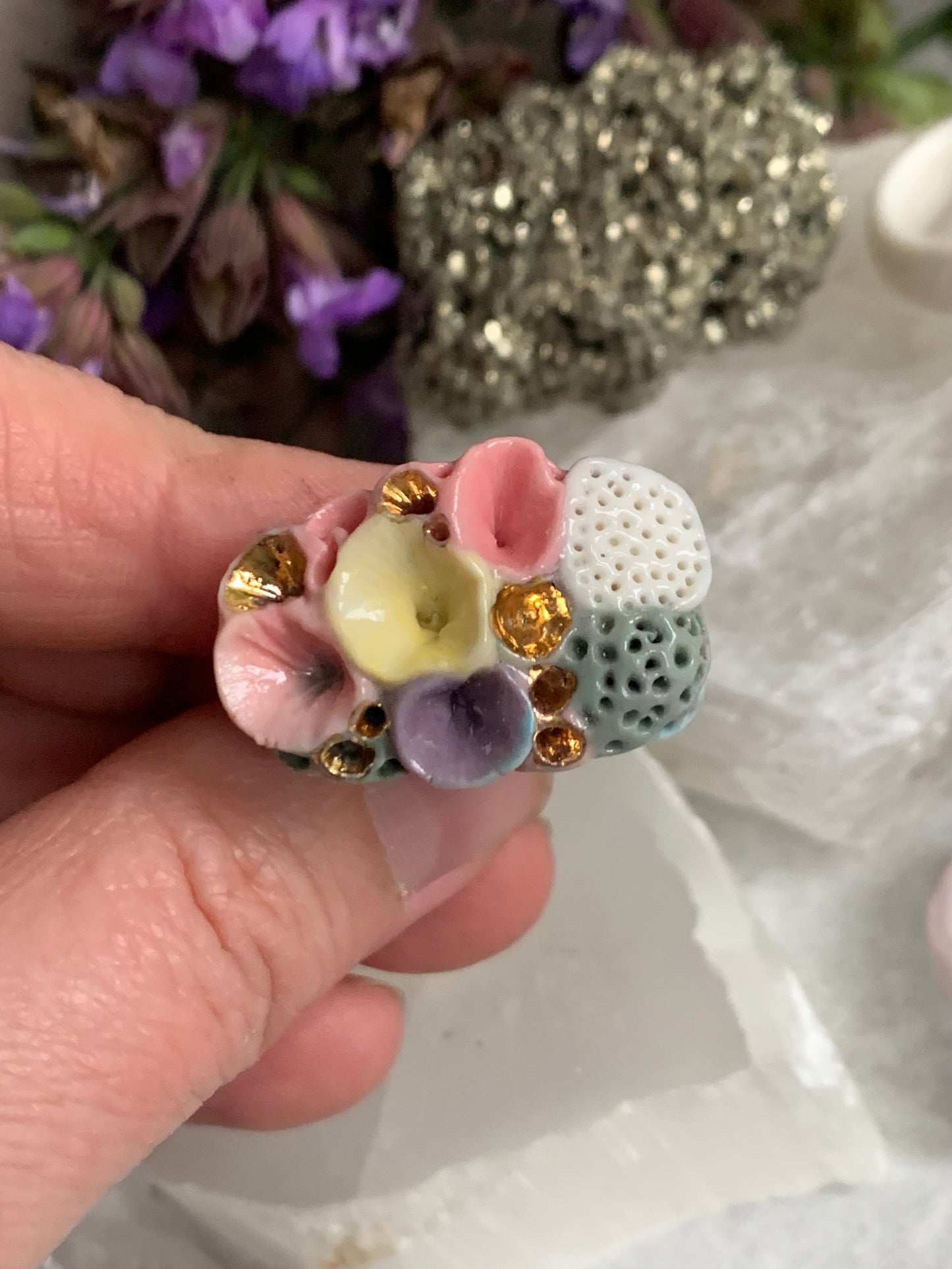 One gold lustre with Blue/ pink / purple tones ‘rock coral’ porcelain ring