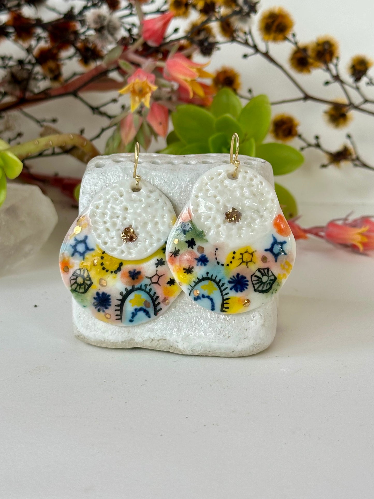 Porcelain hand painted ‘stars and cells’ earrings with gold detail