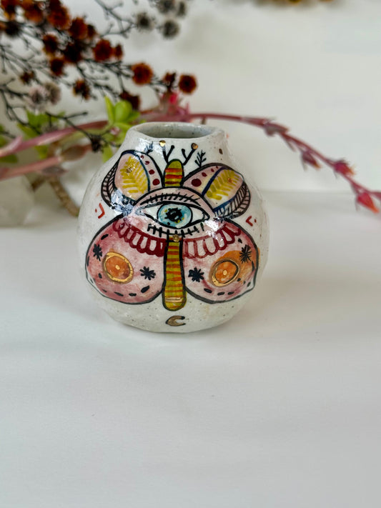 ‘Hand painted ‘the protective eye, moth’ small vase