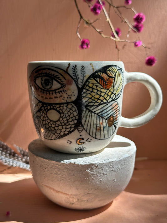 ‘moth’ hand painted cup, small/ med