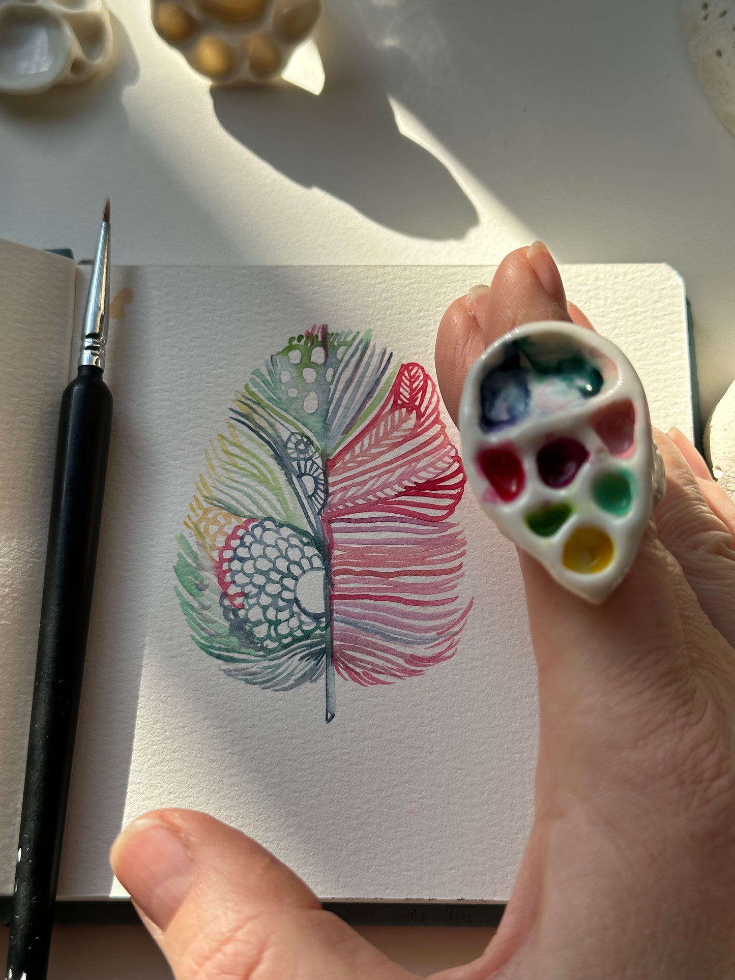 Feather Paint Palette Porcelain Ring size N