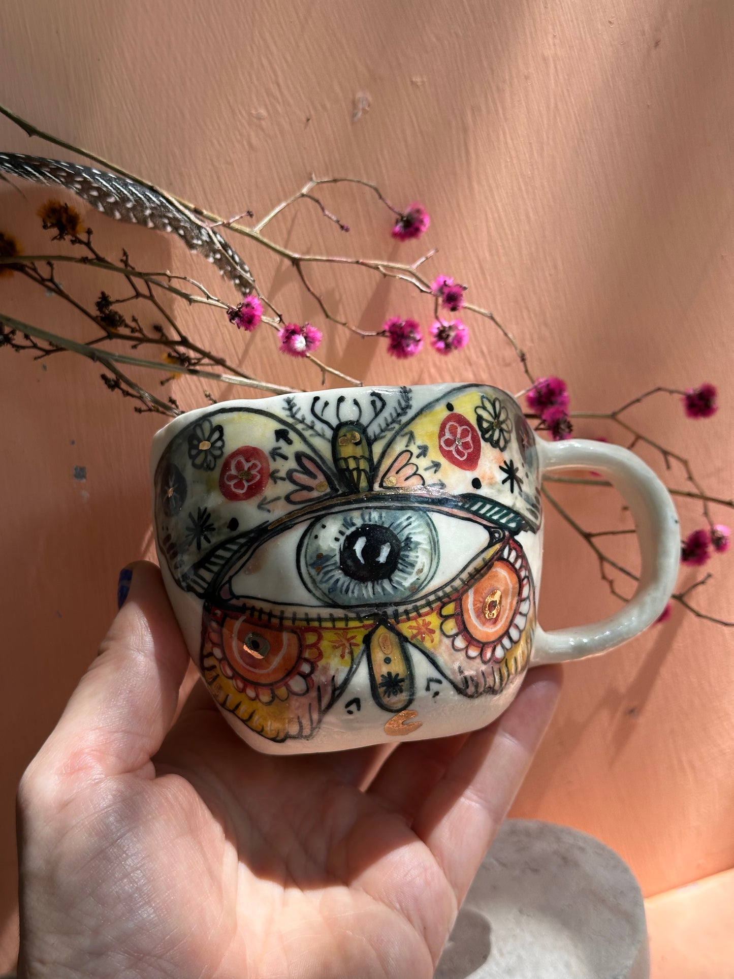 ‘moth’ hand painted cup