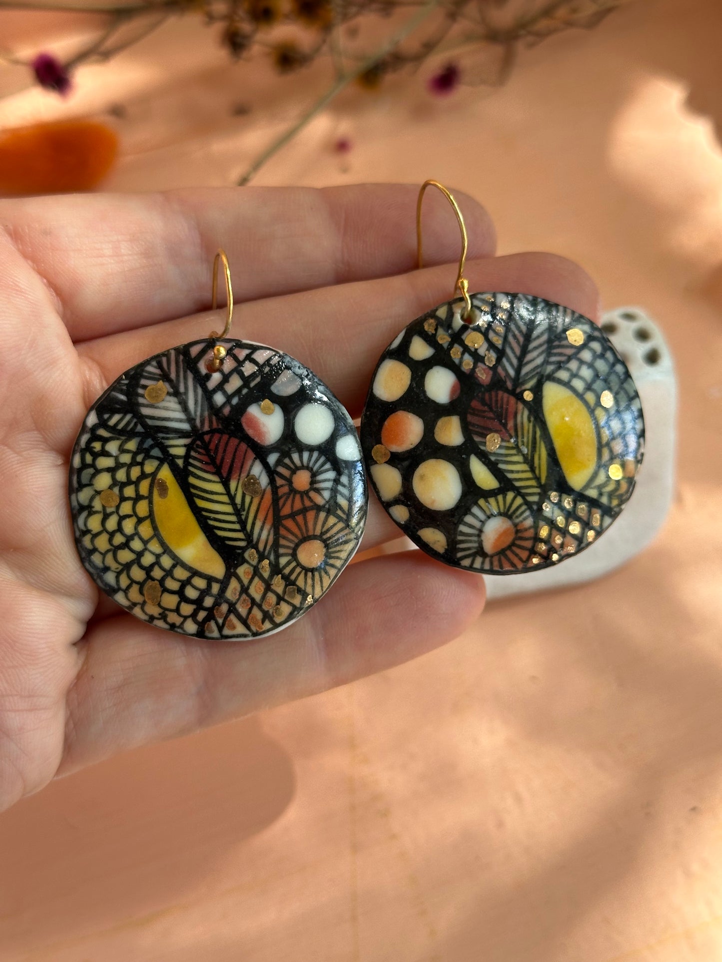 Hand Painted Porcelain Round Earrings