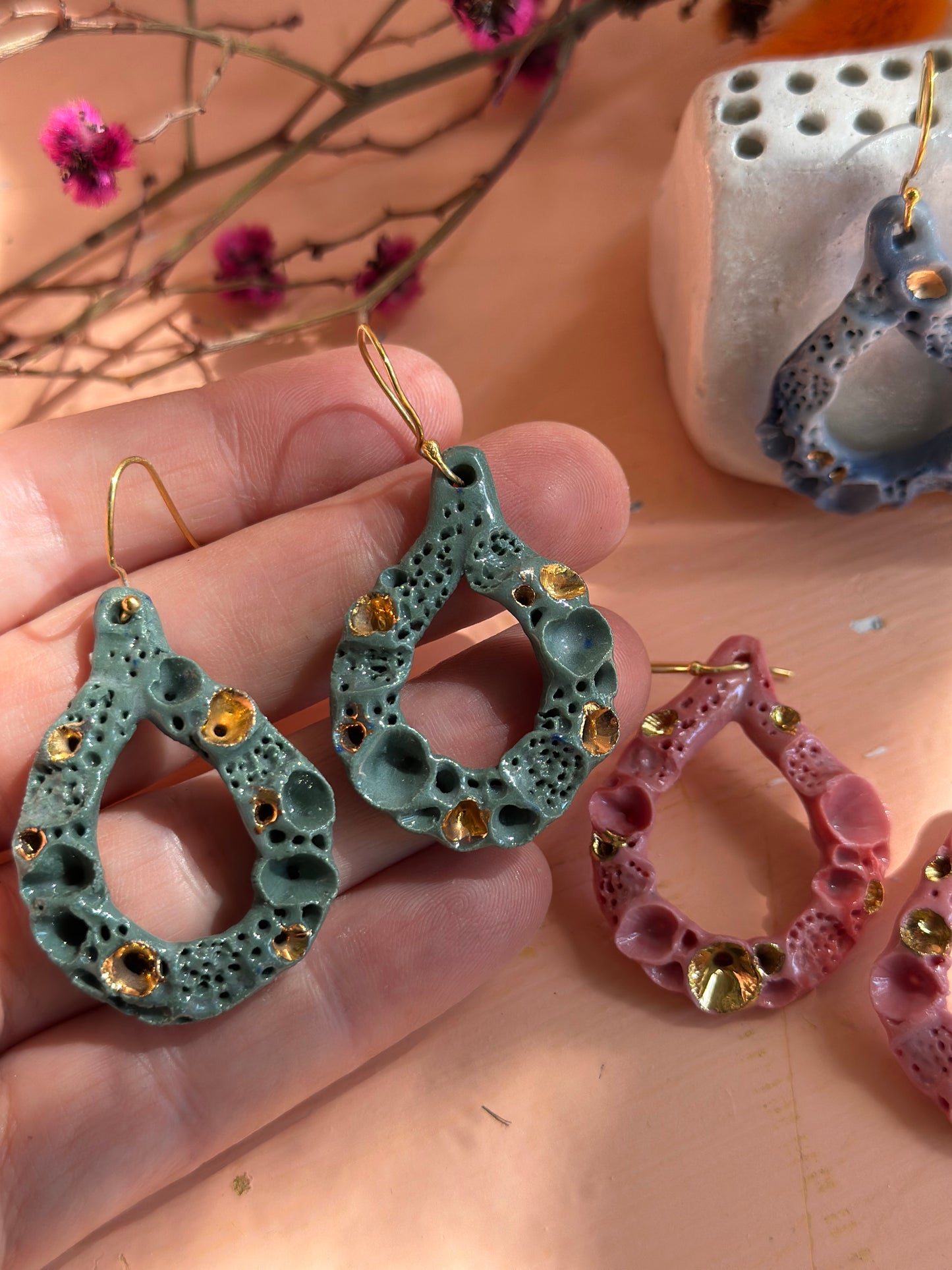 One pair of ‘rock coral’ porcelain earrings