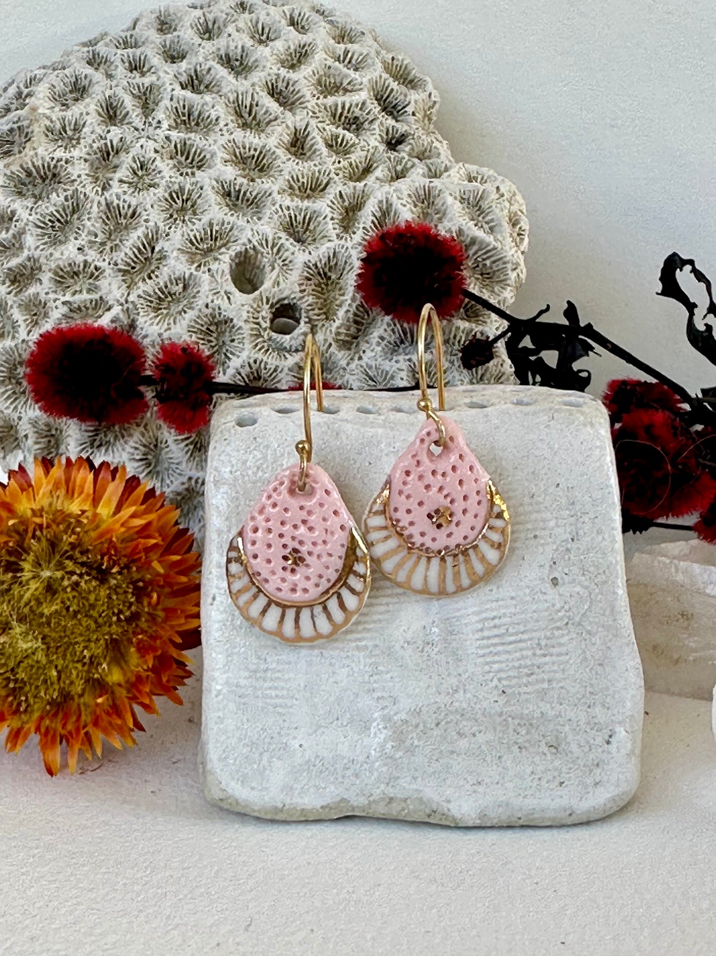 Small Porcelain hand painted earrings with gold detail