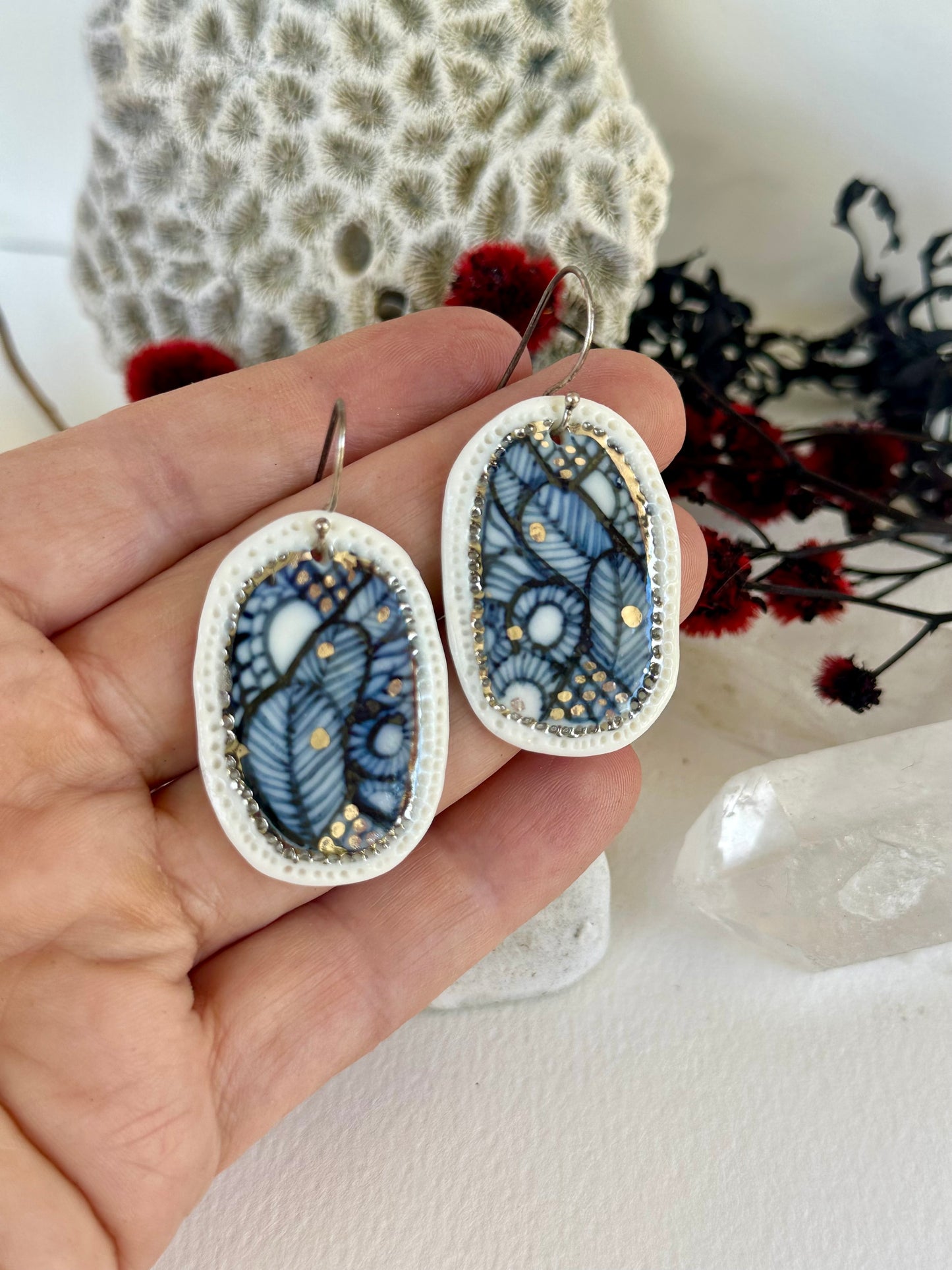 Hand Painted Porcelain ‘Seafoam’ Earrings with Silver Detail