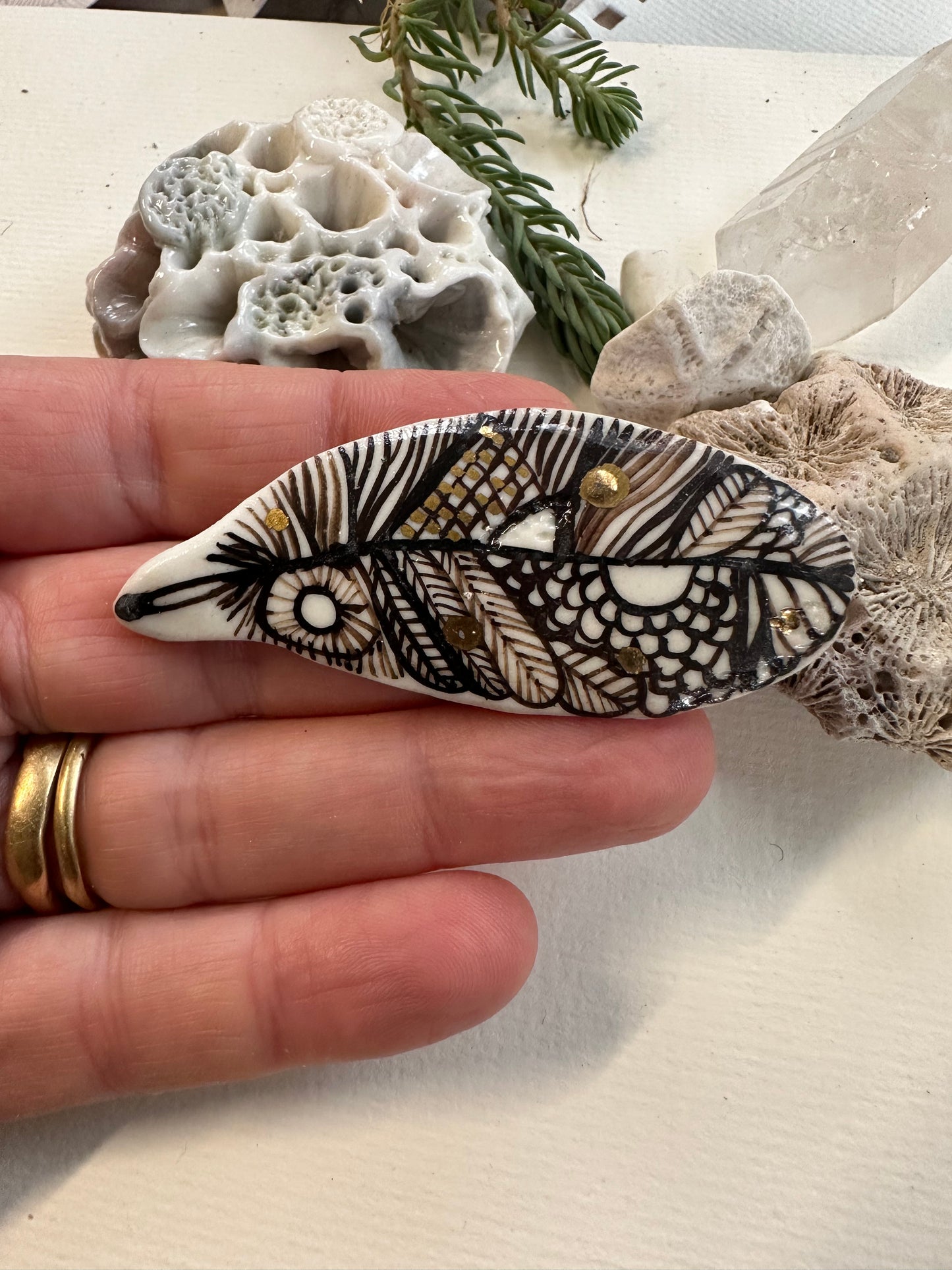 ‘Feather’ Hand Painted Porcelain Brooch