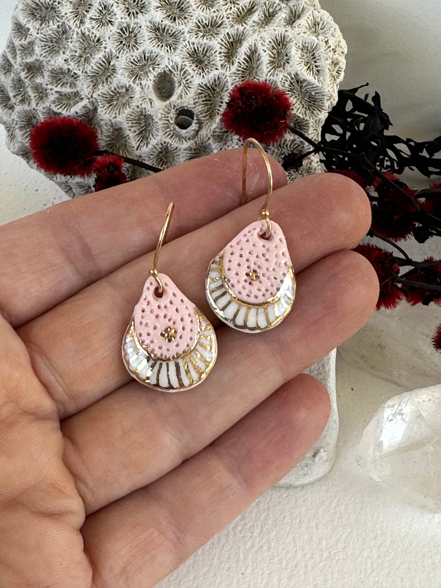 Small Porcelain hand painted earrings with gold detail