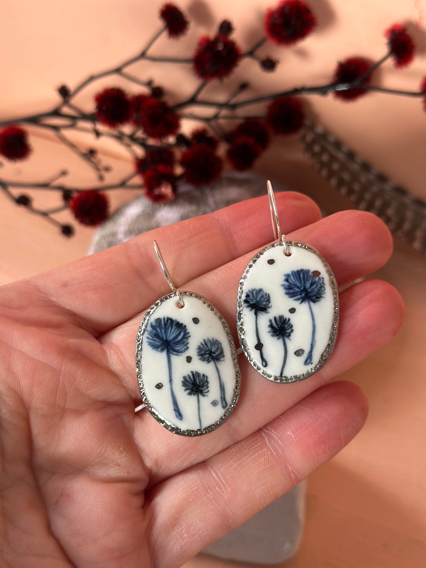 Hand Painted Dandelion Porcelain Earrings with gold dots