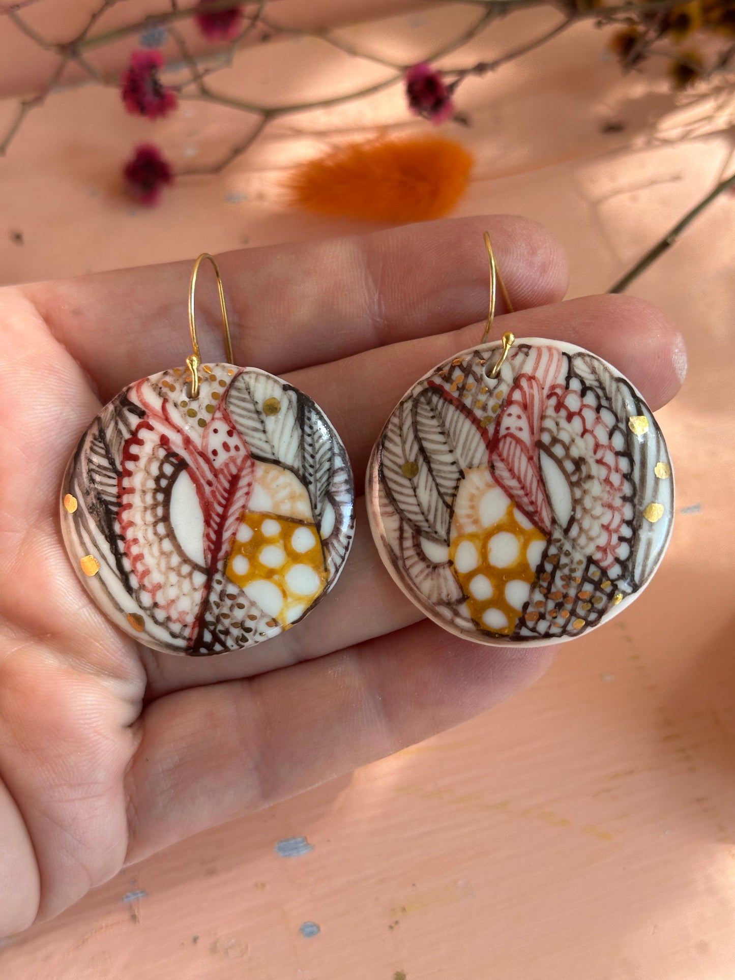 Hand Painted Porcelain Warm Toned Round Earrings