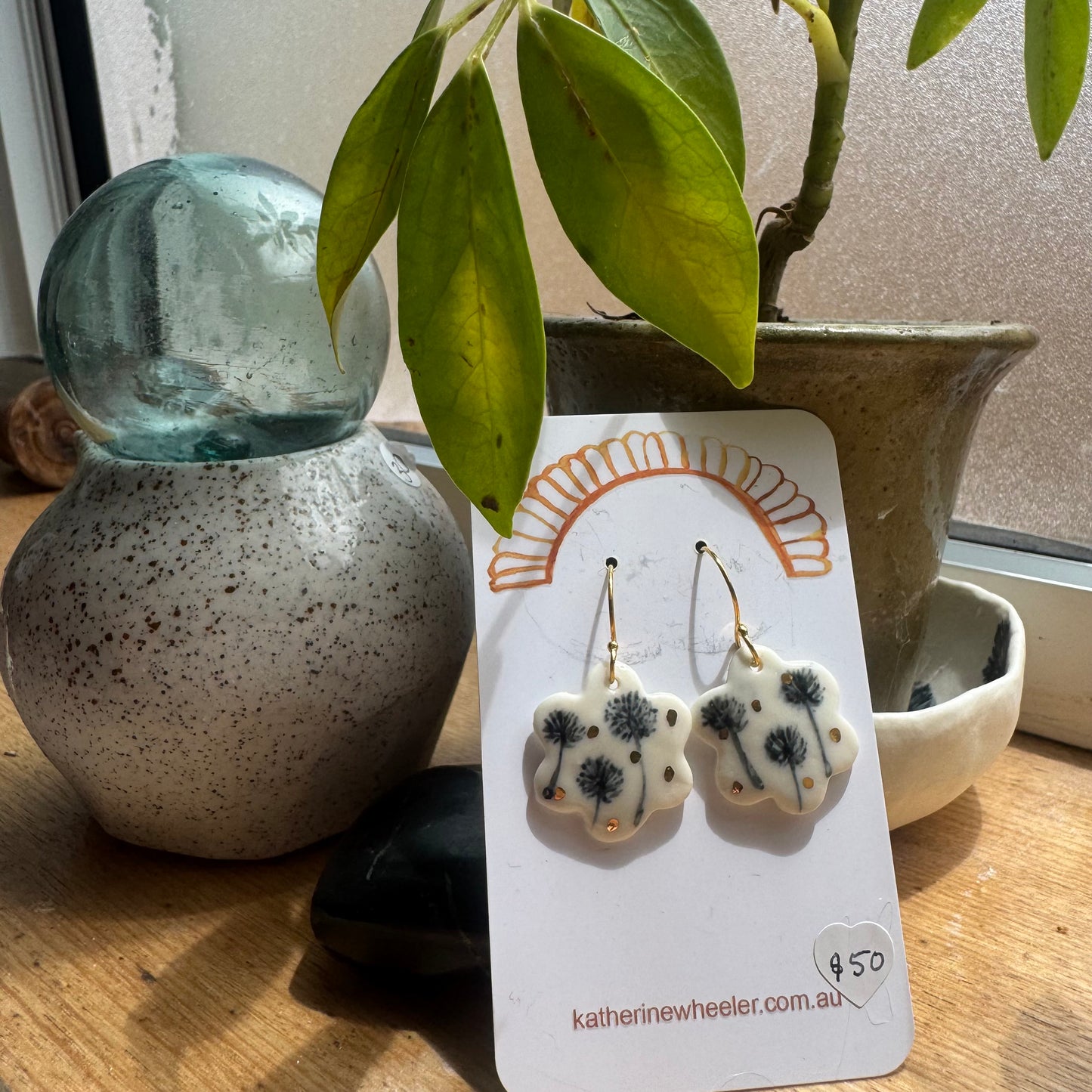 Hand Painted Porcelain Dandelion Flower Earrings