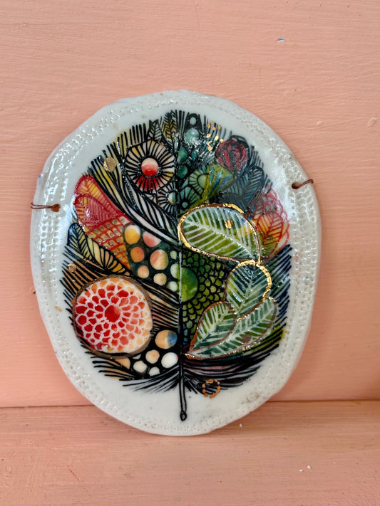 Coloured ‘Feather’ porcelain wall piece, with gold detail