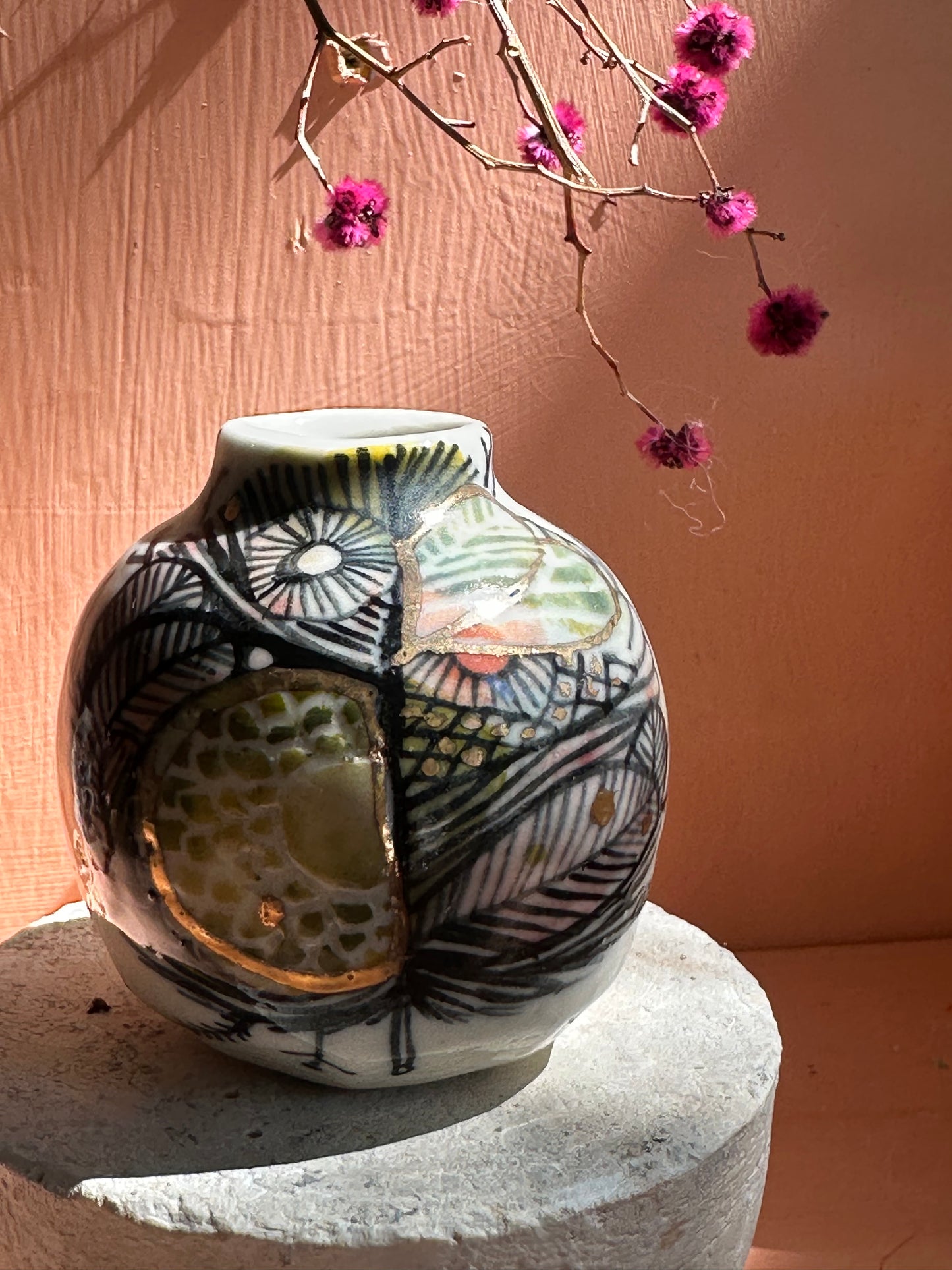 Small Hand Painted Porcelain  ‘feather’ Vase