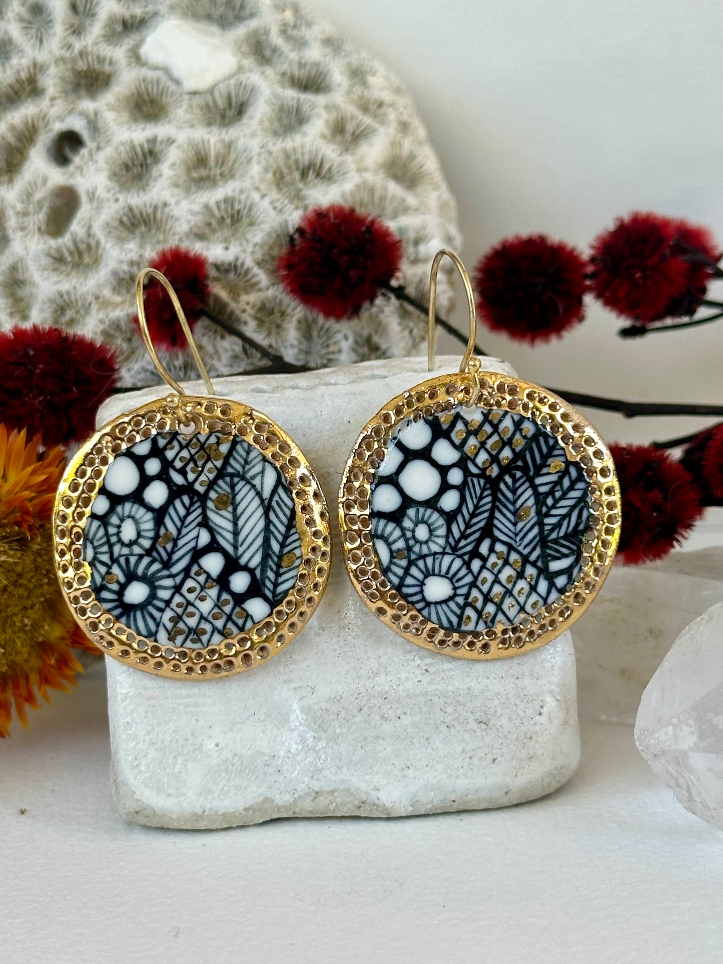 Porcelain hand painted ‘seafoam’ earrings with gold border