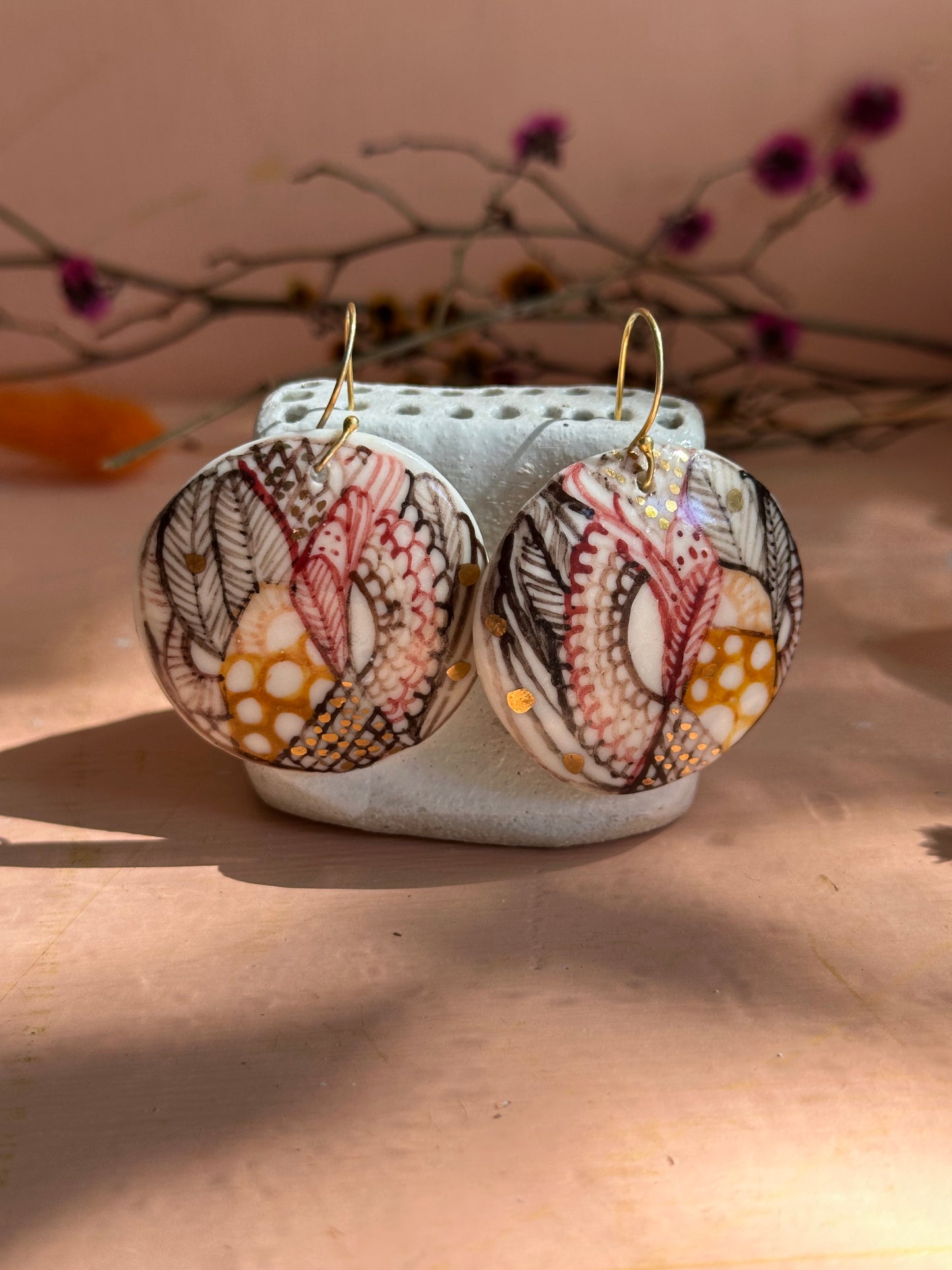 Hand Painted Porcelain Warm Toned Round Earrings