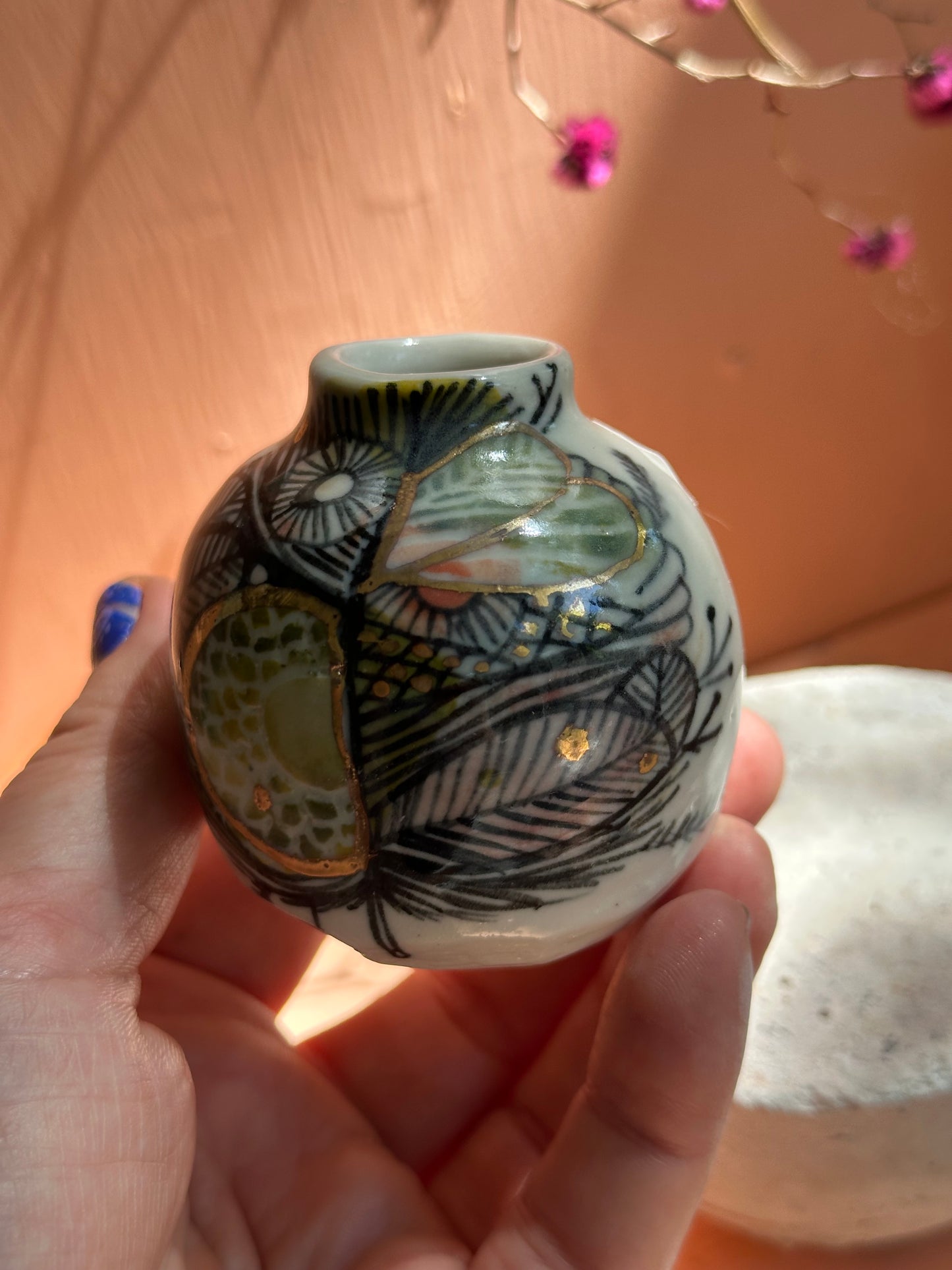 Small Hand Painted Porcelain  ‘feather’ Vase