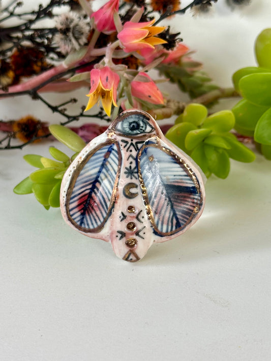 ‘The protective eye, moth’ Hand Painted Porcelain Brooch