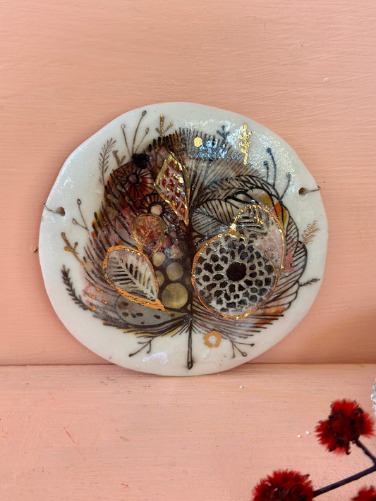 Sepia ‘Feather’ porcelain wall piece, with gold detail