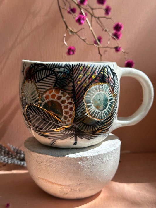 ‘Feather’ hand painted cup