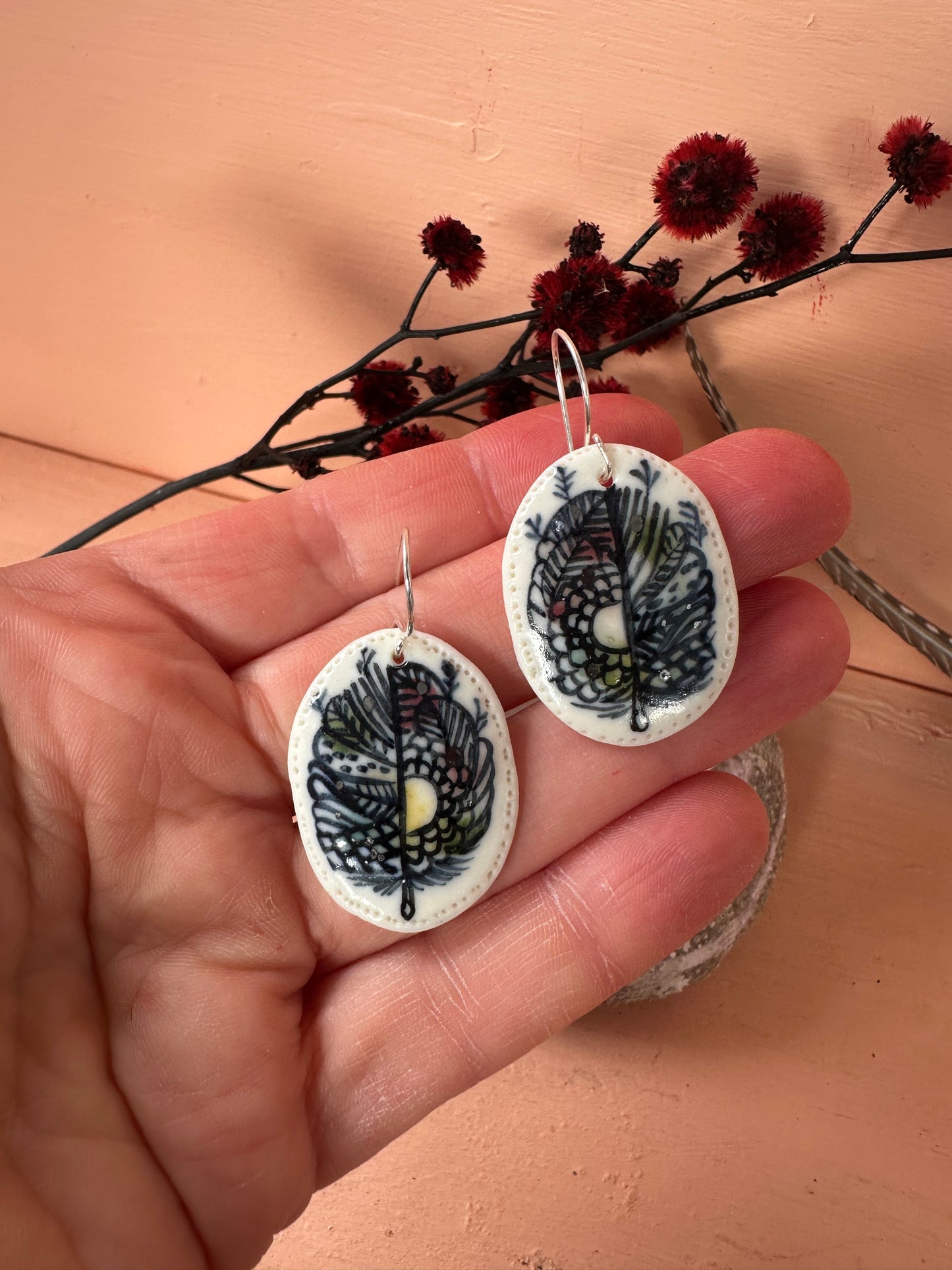 Feather Hand Painted Porcelain Earrings