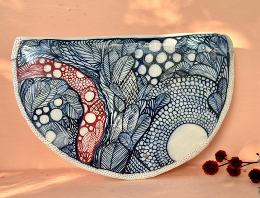 ‘Indigo Seafoam’ crescent porcelain wall piece