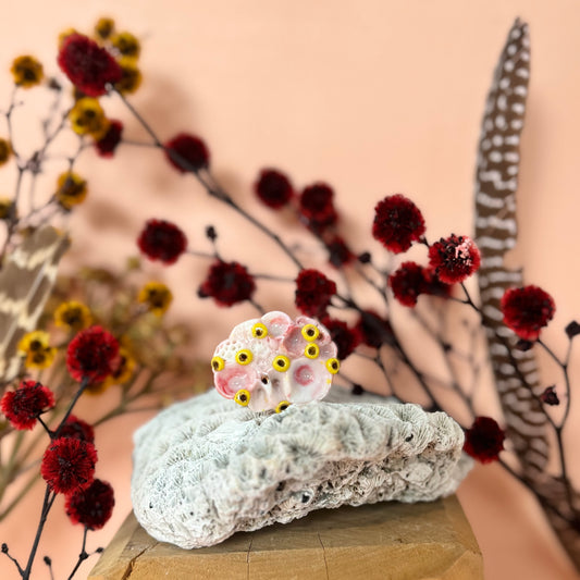 Pink + Yellow Handmade Rock Coral Ring size M