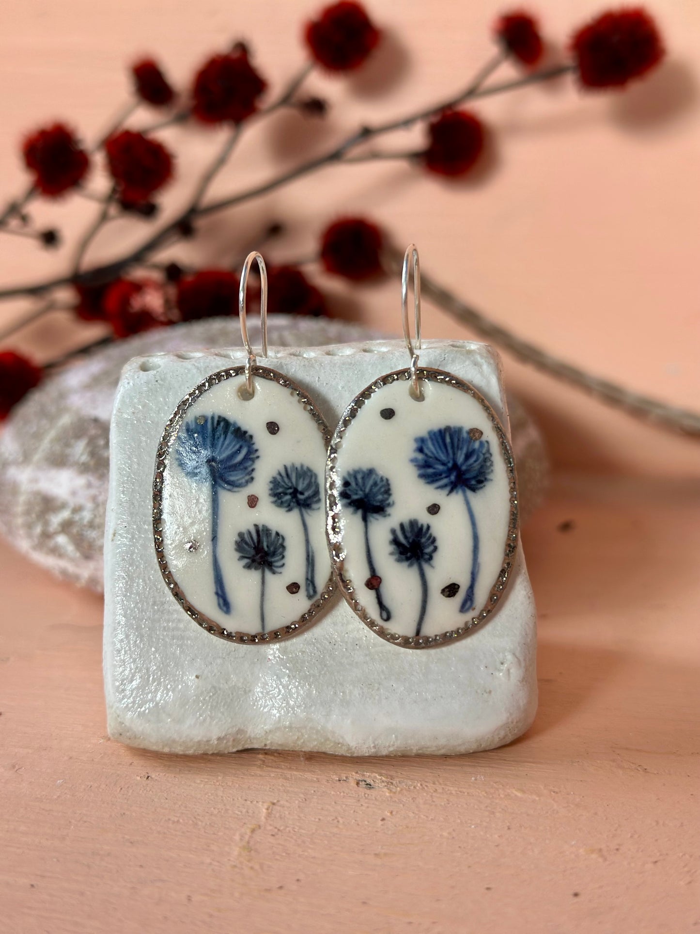 Hand Painted Dandelion Porcelain Earrings with gold dots