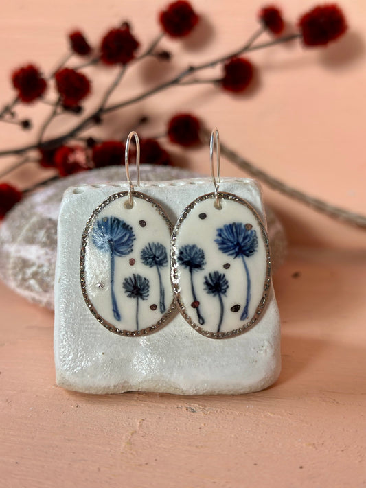 Hand Painted Dandelion Porcelain Earrings with gold dots