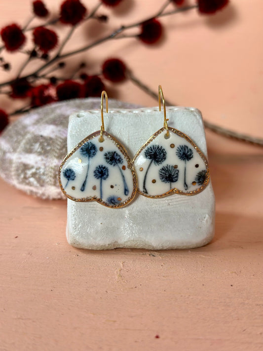 Hand Painted Dandelion Porcelain Earrings with gold dots