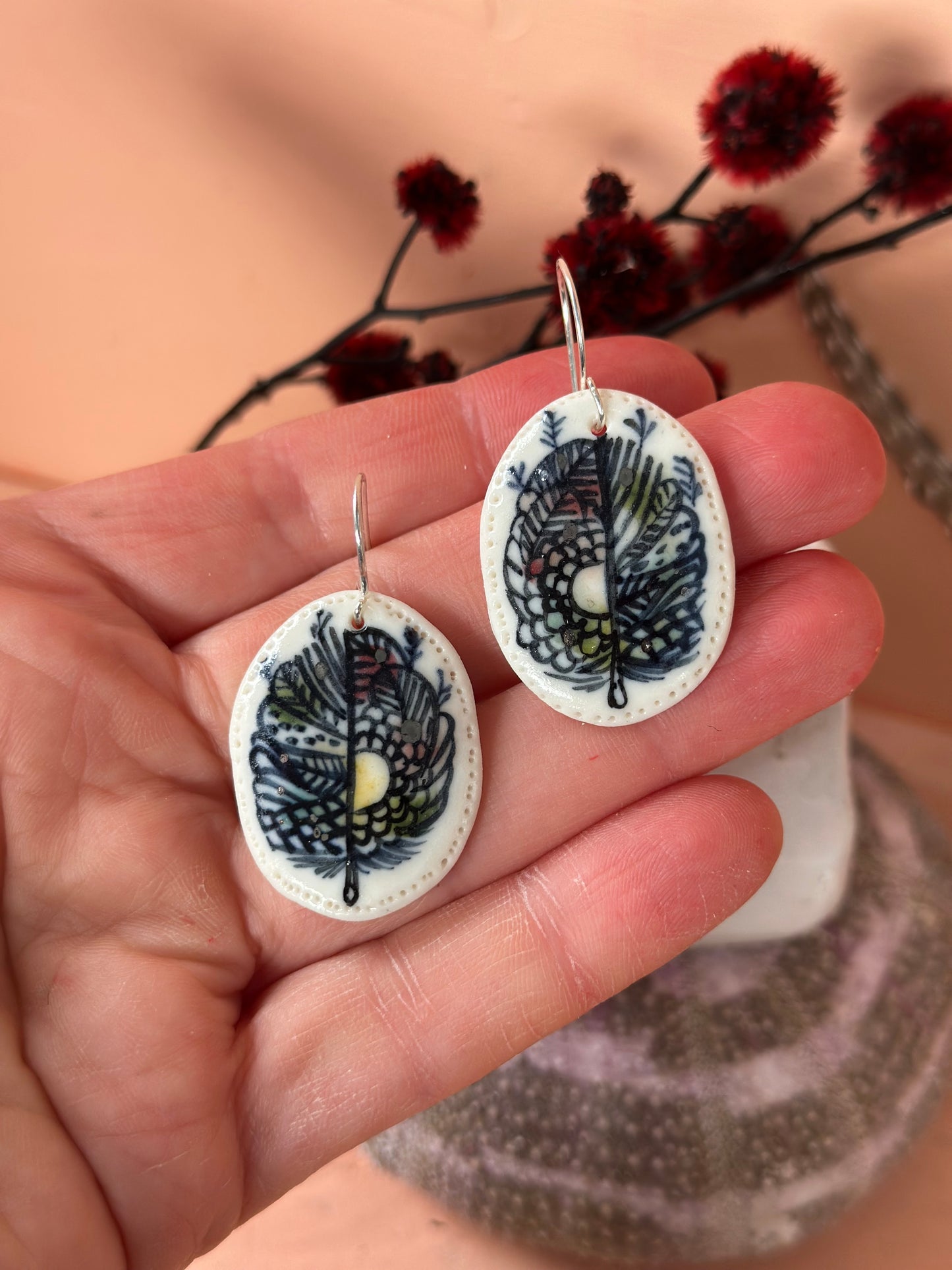 Feather Hand Painted Porcelain Earrings