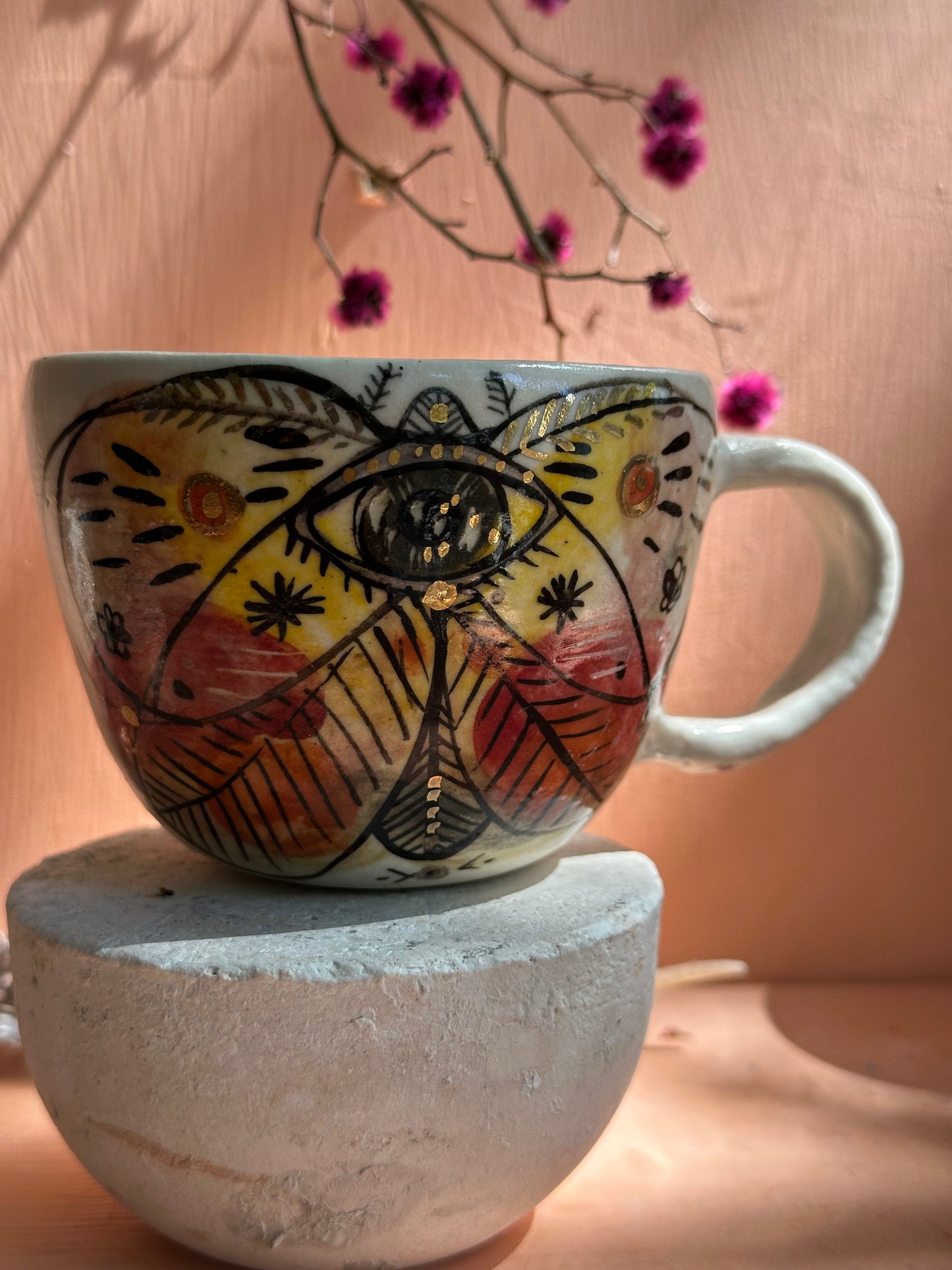 ‘moth’ hand painted cup