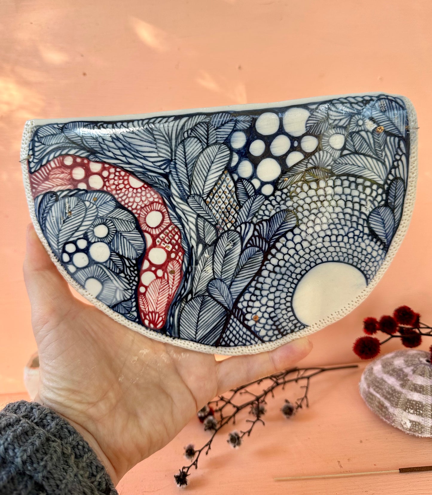 ‘Indigo Seafoam’ crescent porcelain wall piece